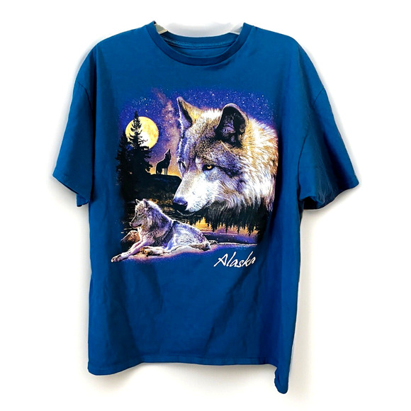 Vintage Alaska Wolf Wolves Graphic Blue Short Sleeve T Shirt Nature Size Large - Picture 9 of 9